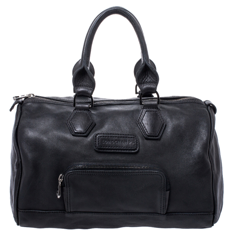Pre-owned Longchamp Black Leather Front Pocket Boston Bag | ModeSens