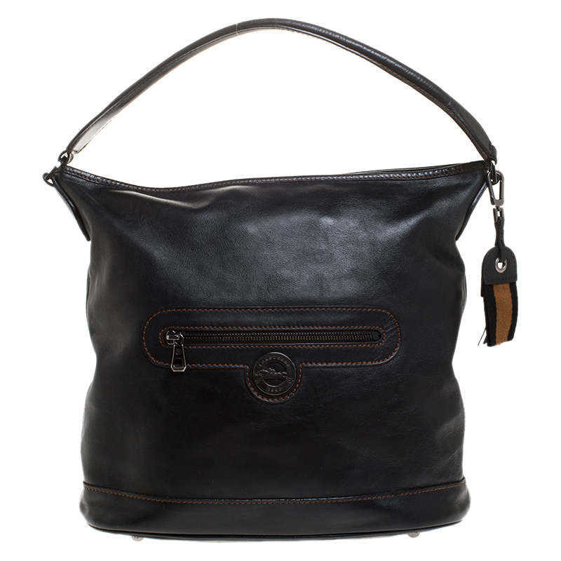Pre Owned Longchamp Black Leather Front Pocket Hobo