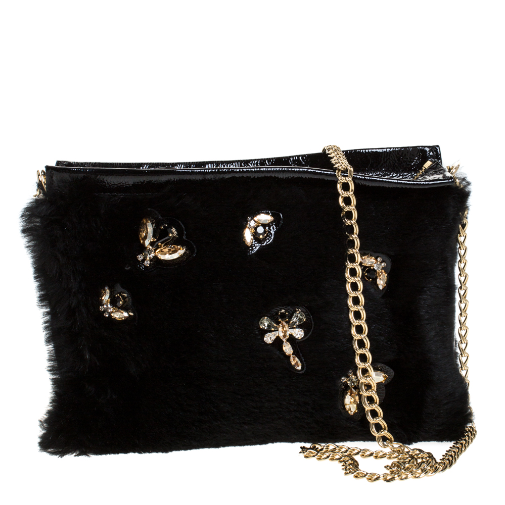 Pre Owned Longchamp Black Embellished Fur and Patent Leather Evening Bag