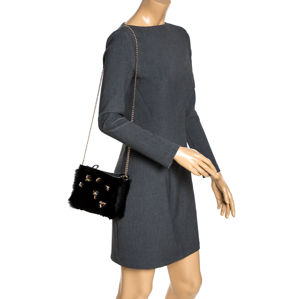 

Longchamp Black Embellished Fur and Patent Leather Evening Bag