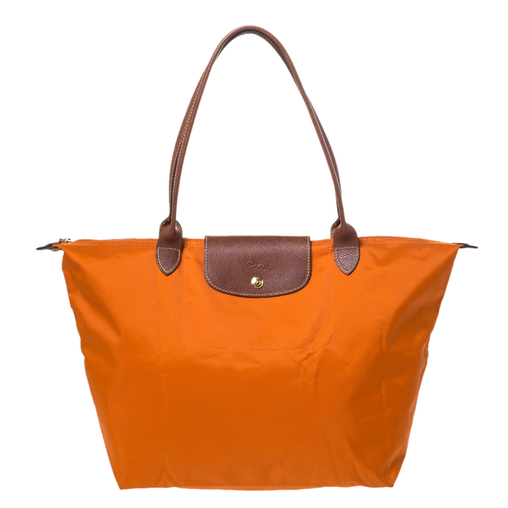 Longchamo Orange/Brown Nylon and Leather Le Pliage Tote
