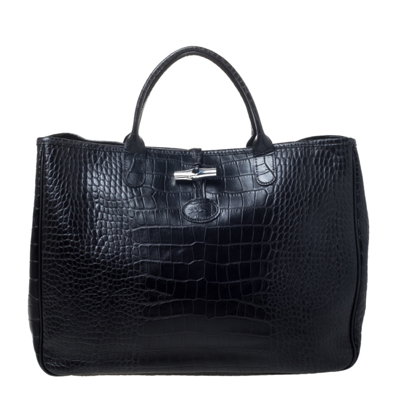 Pre-owned Longchamp Black Crocodile Embossed Leather Roseau Tote | ModeSens