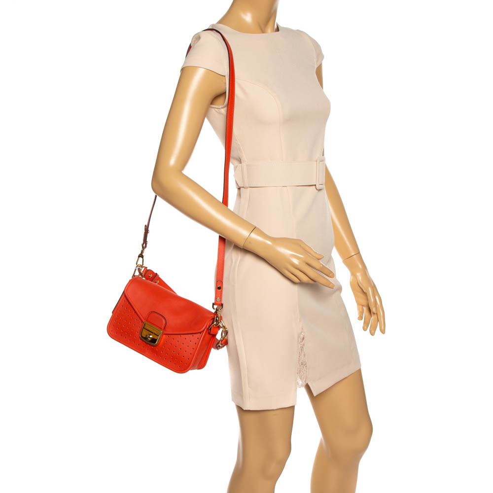 

Longchamp Orange Perforated Leather Mademoiselle Top Handle Bag