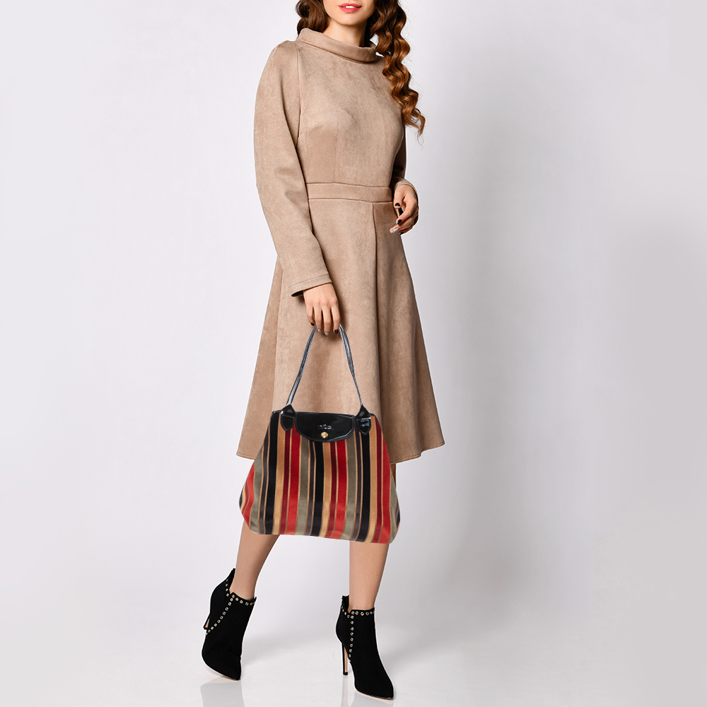 

Longchamp Multicolor Stripe Velvet and Patent Leather Tote