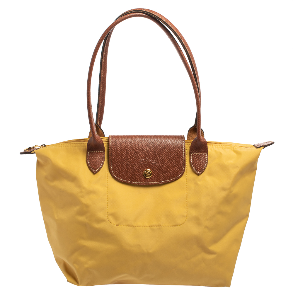Pre-owned Longchamp Yellow Nylon And Leather Small Le Pliage Tote