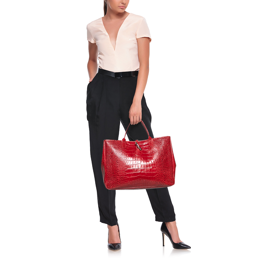 

Longchamp Red Croc Embossed Leather Roseau Tote