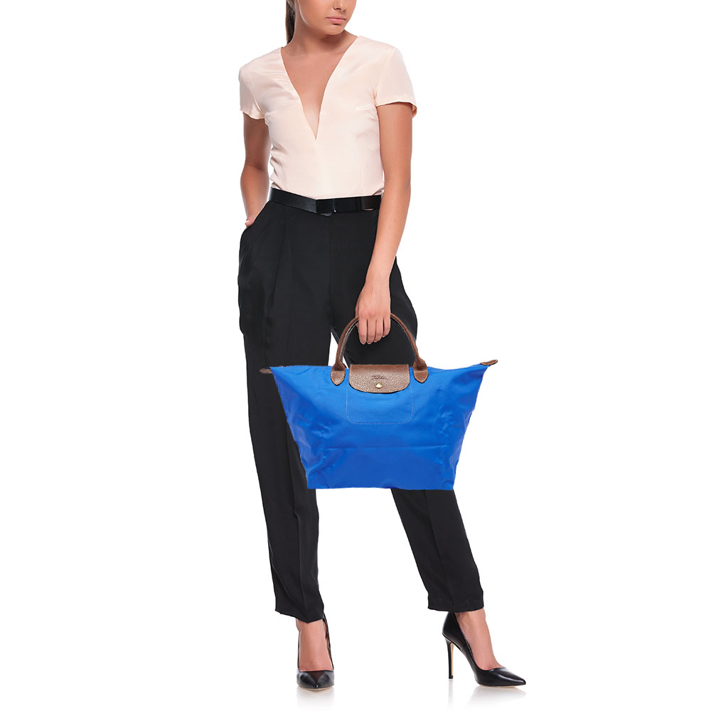 

Longchamp Blue/Brown Nylon and Leather Le Pliage Tote