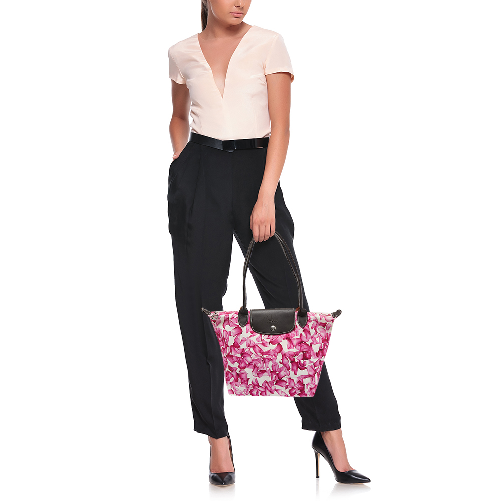 

Longchamp White/Pink Floral Print Canvas and Leather Le Pliage Tote