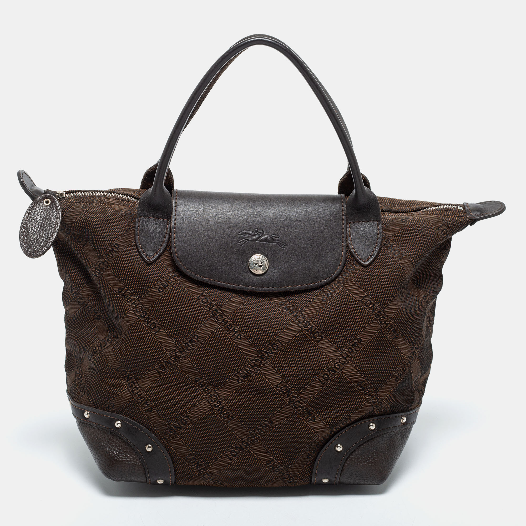 Pre-owned Longchamp Brown Canvas And Leather Small Quadrille Le Pliage Tote
