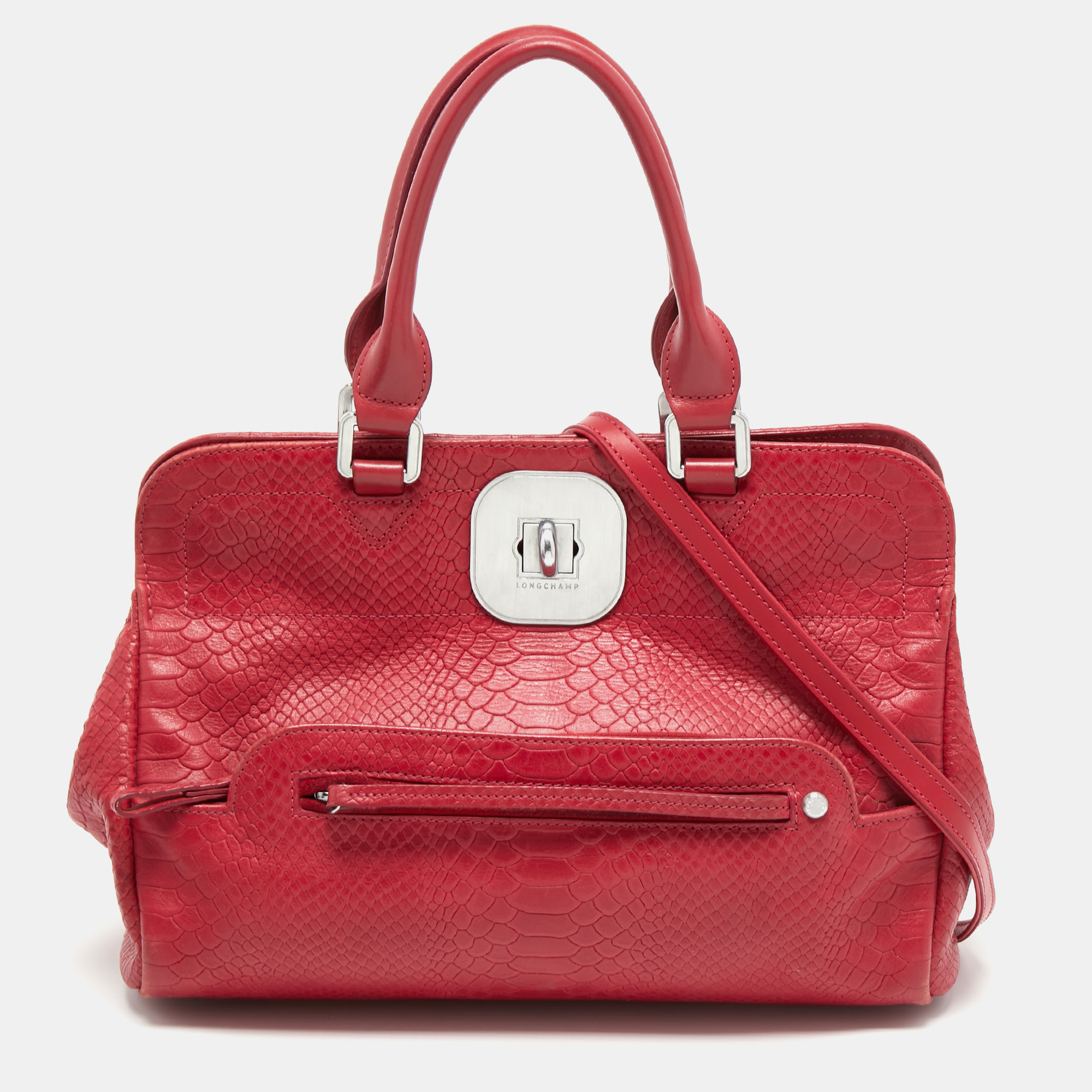 Pre-owned Longchamp Red Croc Embossed Leathertote In Purple