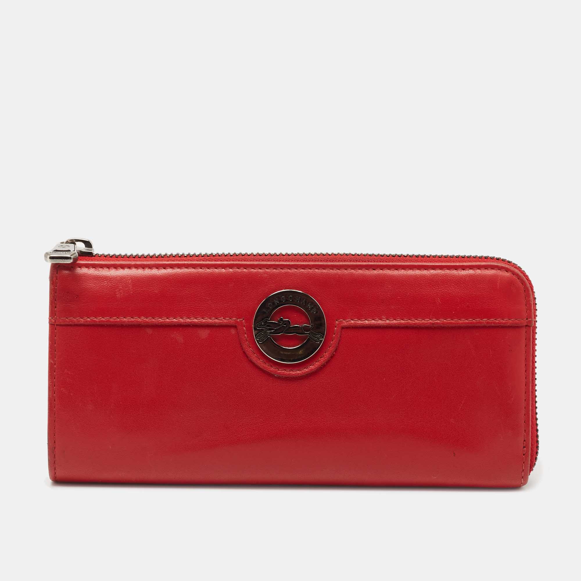 Pre-owned Longchamp Red Leather Zip Around Wallet