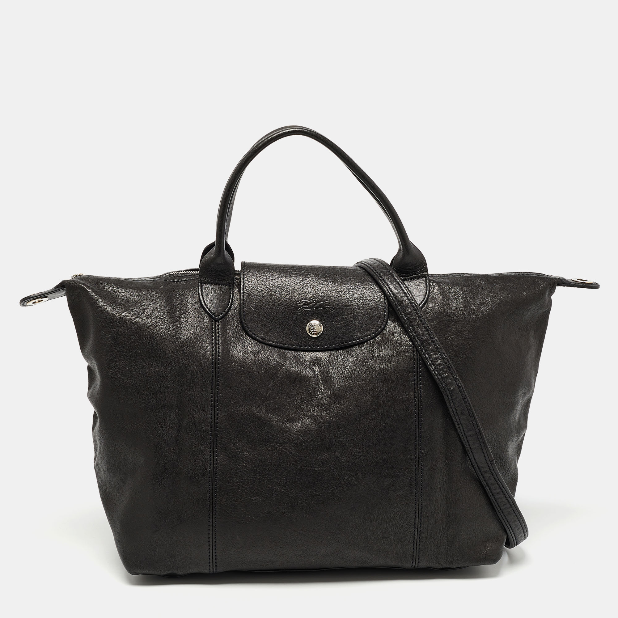 Pre-owned Longchamp Black Leather Le Pliage Top Handle Bag
