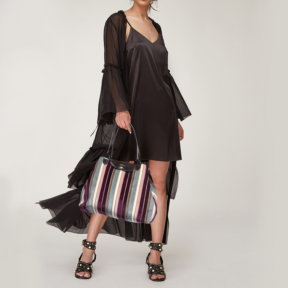 

Longchamp Multicolor Stripe Velvet and Patent Leather Tote