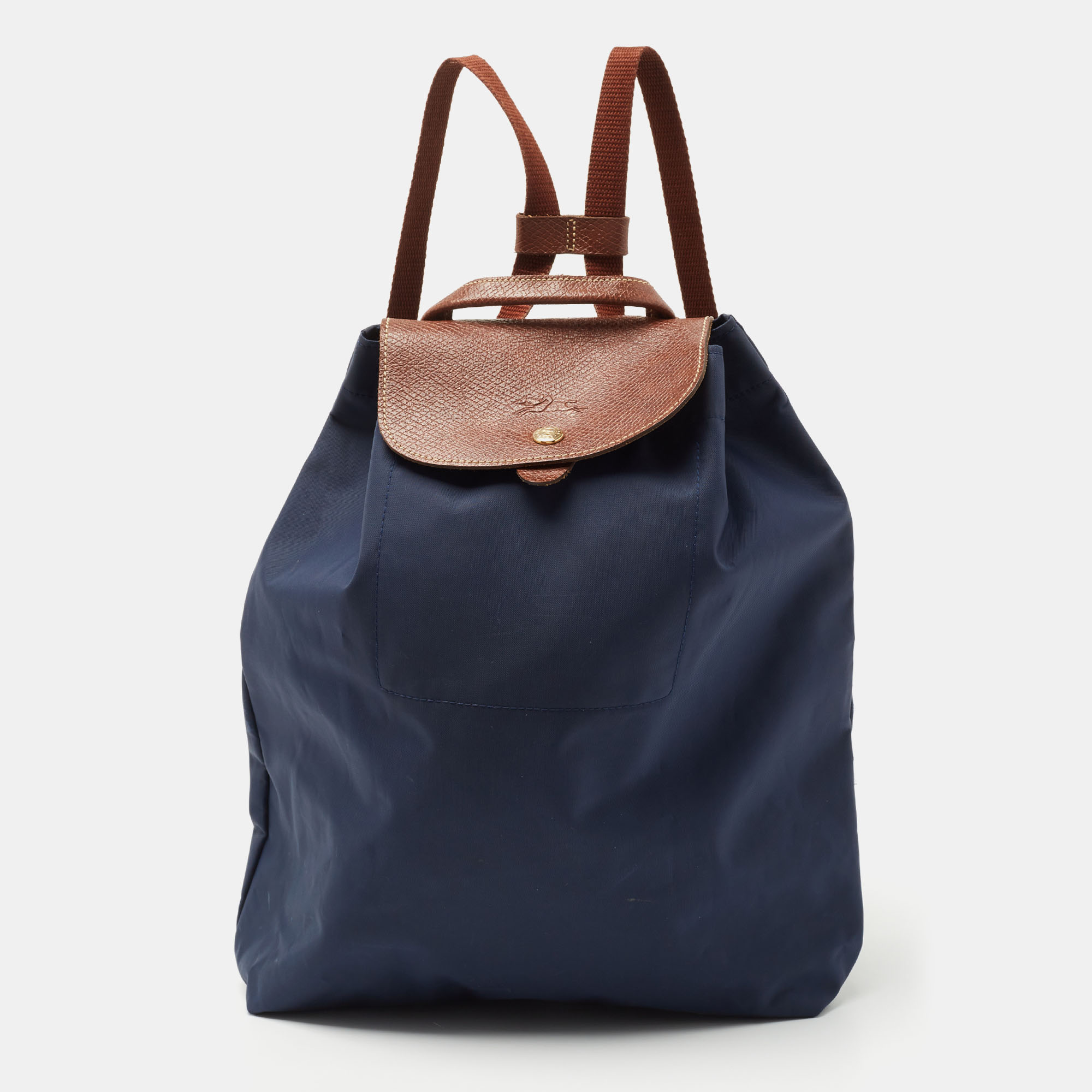 Pre-owned Longchamp Navy Blue/brown Nylon And Leather Le Pliage Drawstring Backpack