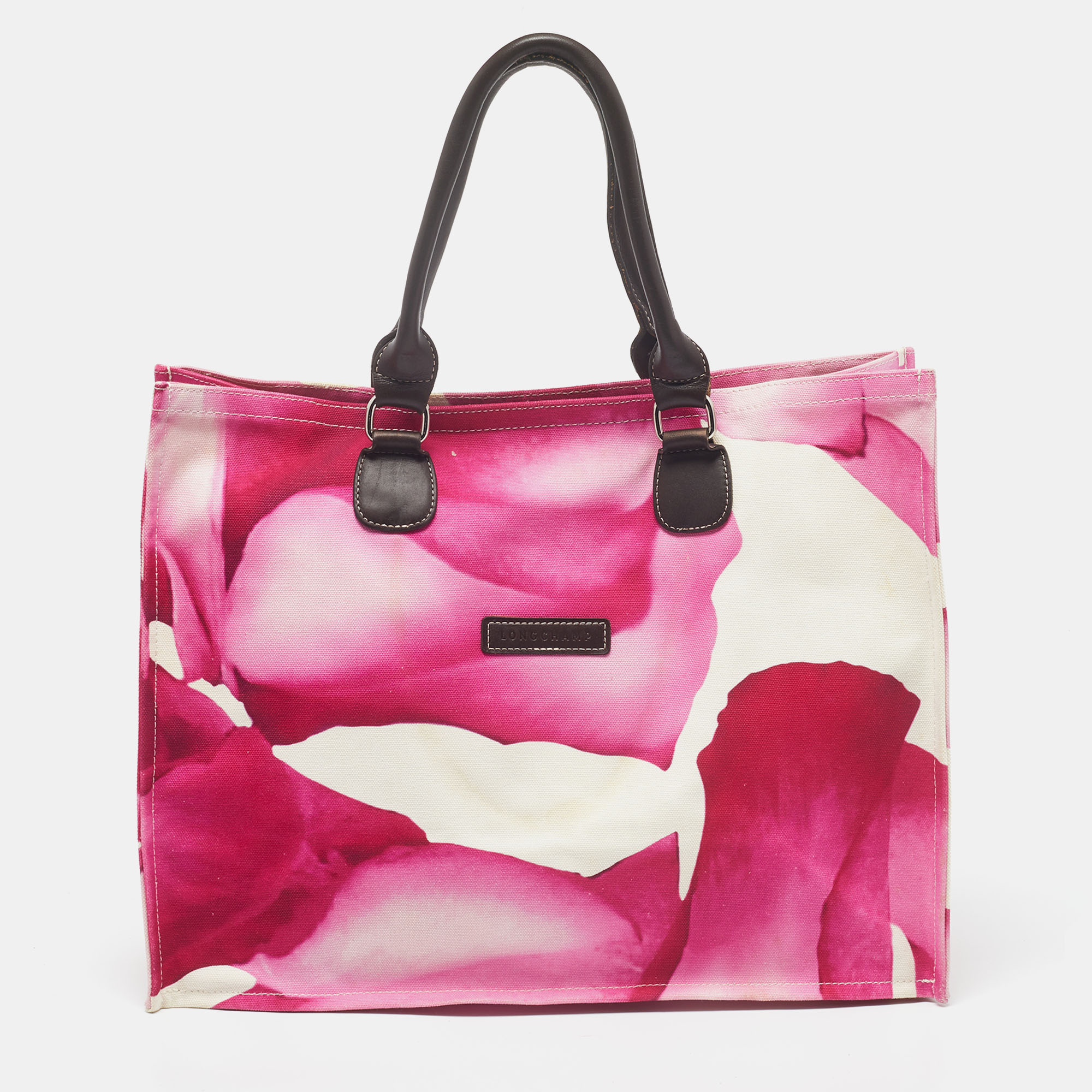 Pre-owned Longchamp Pink/white Floral Print Canvas And Leather Shopper Tote