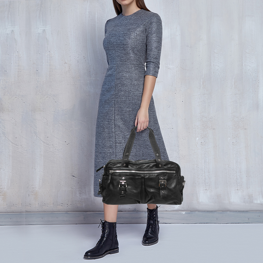 

Longchamp Black Leather Front Pocket Buckle Duffel Bag