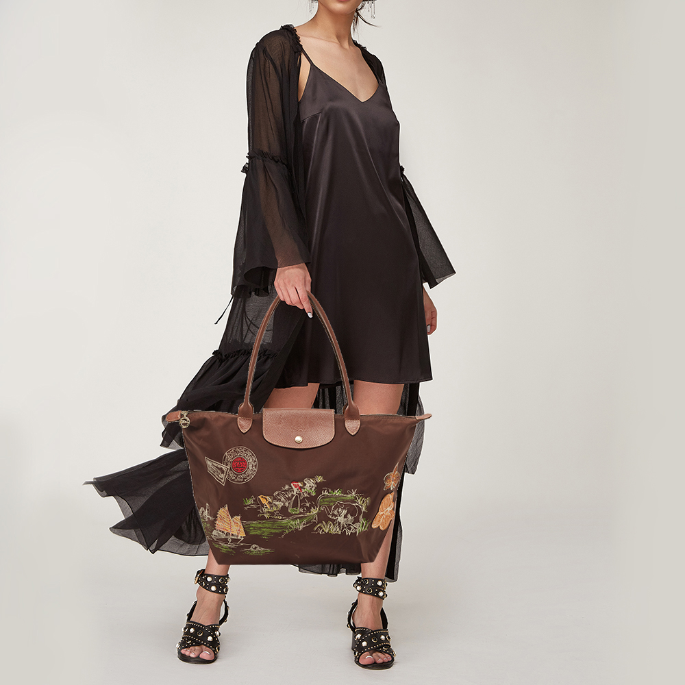 

Longchamp Brown Printed Nylon and Leather Vietnam Le Pliage Tote