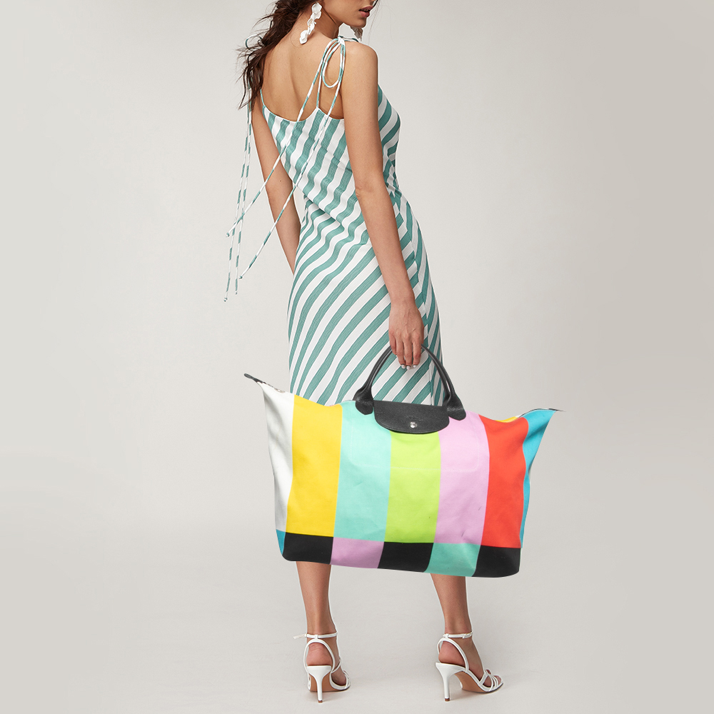 

Longchamp x Jeremy Scott Multicolor Striped Fabric Le Pliage Travel Tote