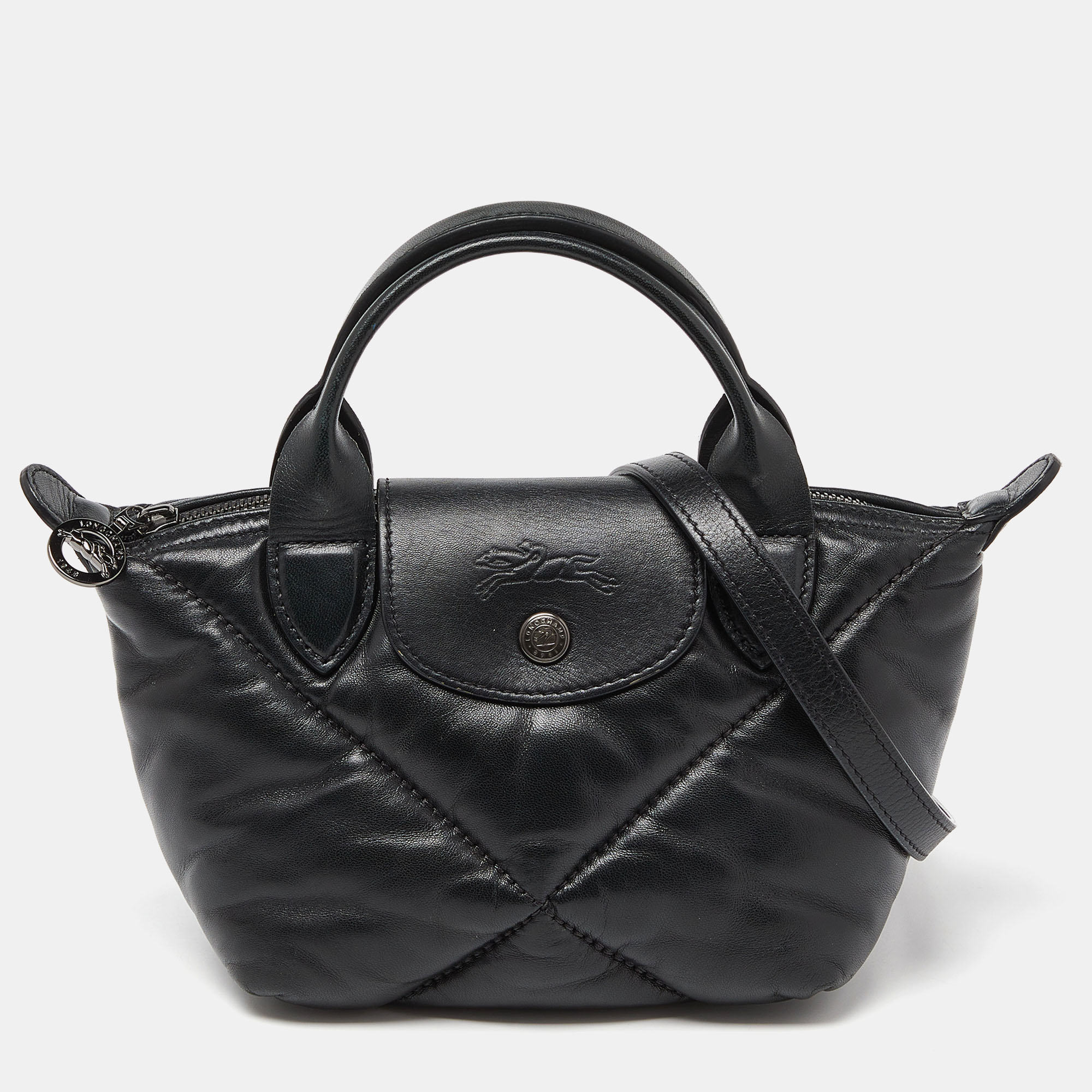 Pre Owned Longchamp Black Quilted Leather Mini Le Pilage Neo Tote