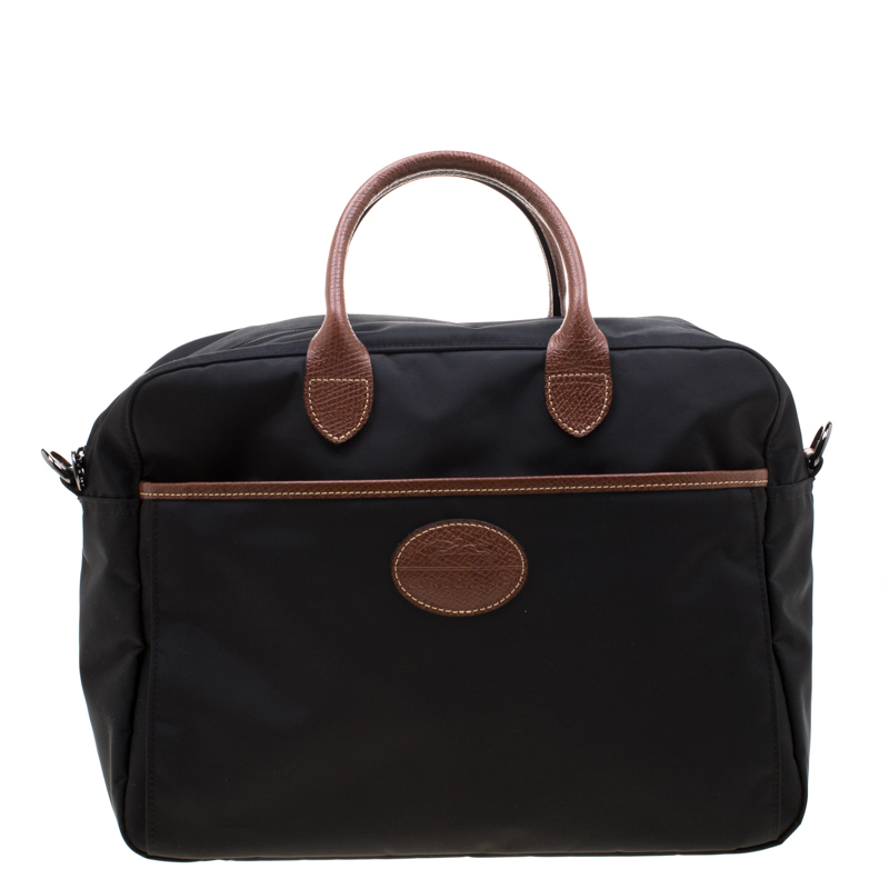Pre Owned Longchamp Black/Brown Nylon and Leather Le Pliage Travel Bag 