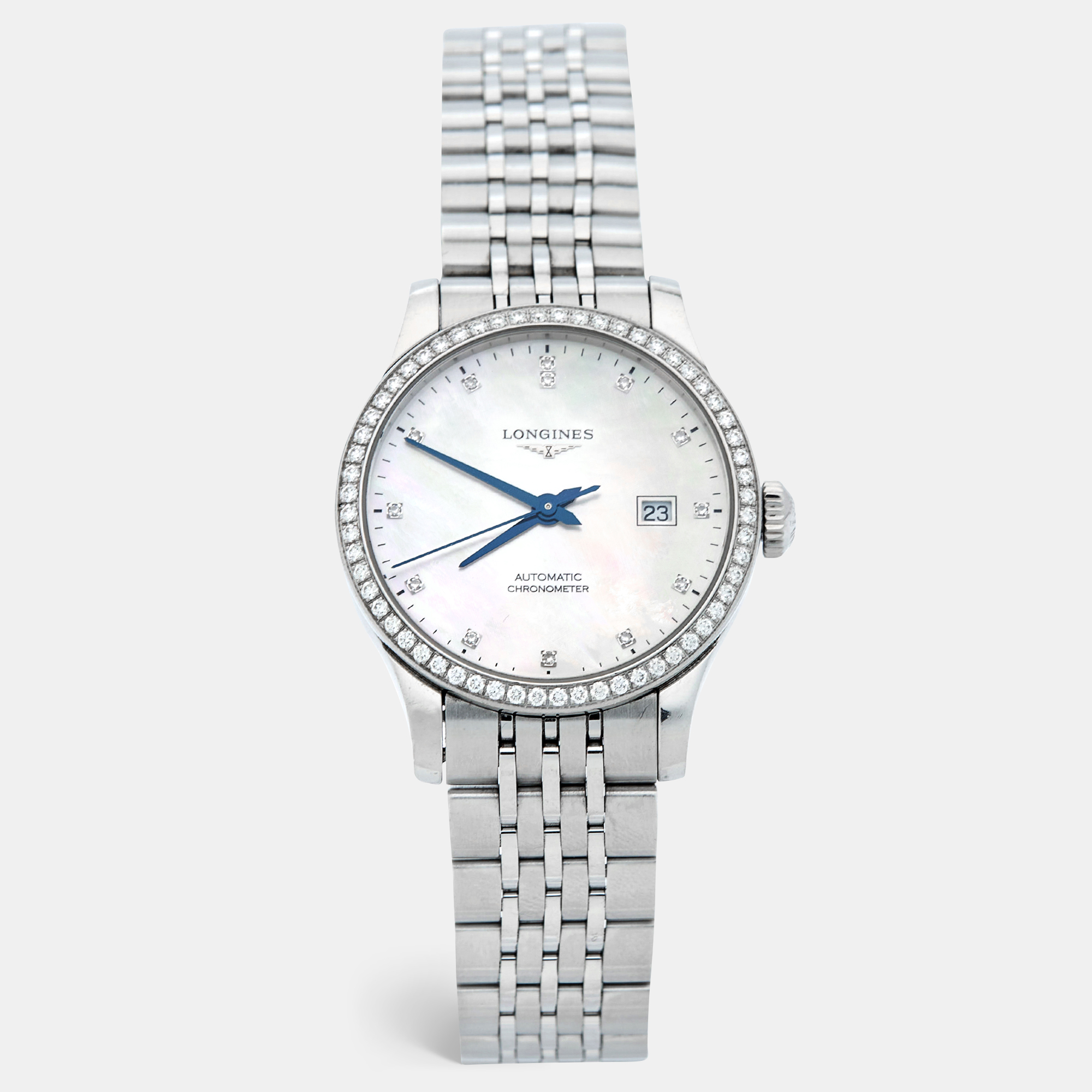 Pre-owned Longines Mother Of Pearl Diamond Stainless Steel Record L23210876 Women's Wristwatch 30 Mm In White