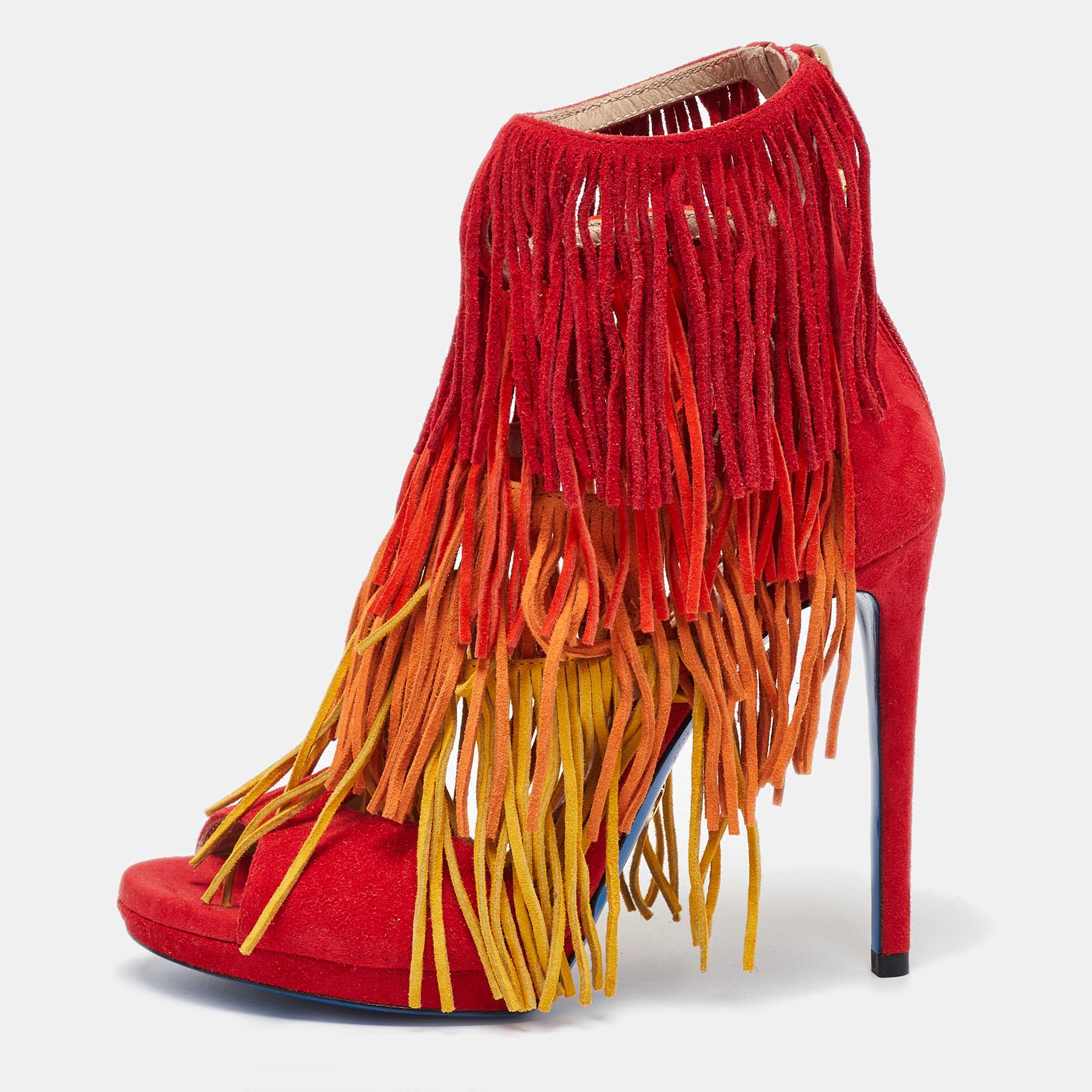 Pre-owned Loriblu Tri Color Suede Fringe Detailed Ankle Strap Sandals Size 36.5 In Multicolor