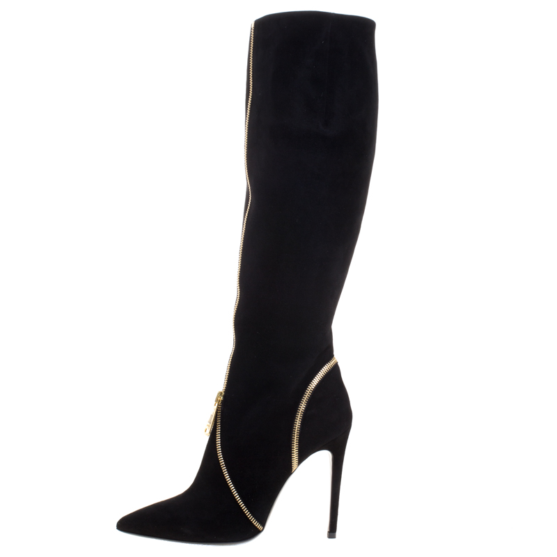 

Loriblu Black Suede Zip Accent Knee High Pointed Toe Boots Size