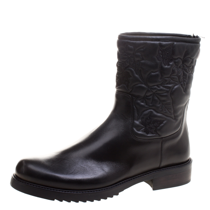 Loriblu Black Vine Leaves Embroidered Leather Flat Boots Size 41