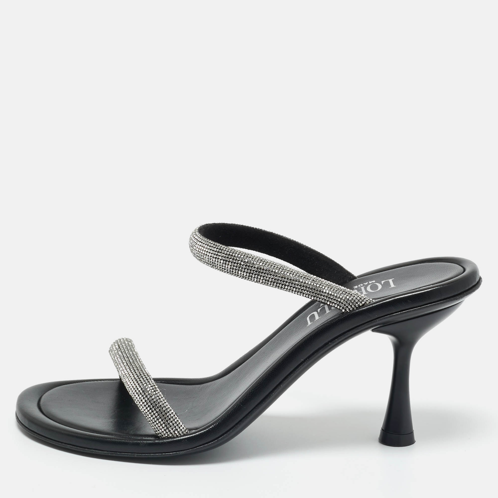 Pre-owned Loriblu Silver/black Crystals And Leather Dual Stiletto Heel Slide Sandals Size 38