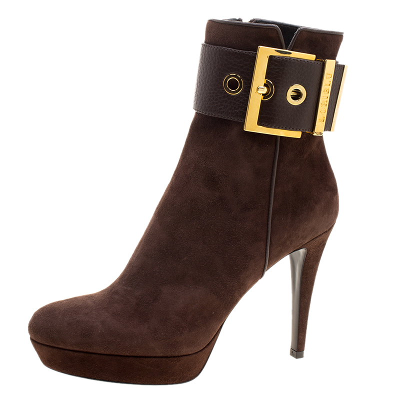 Loriblu Dark Brown Suede Buckle Detail Platform Ankle Boots Size 40