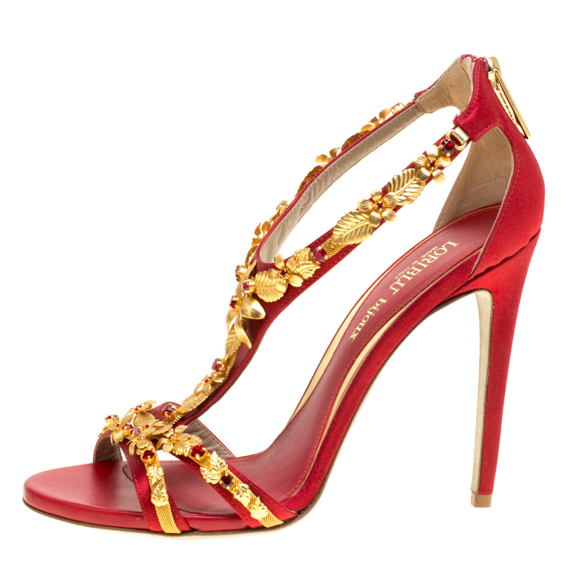

Loriblu Bijoux Red Satin Floral Embellished Crystal Studded Sandals Size