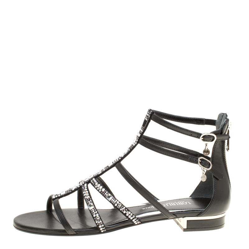 

Loriblu Black Leather Crystal Embellished Gladiator Flat Sandals Size