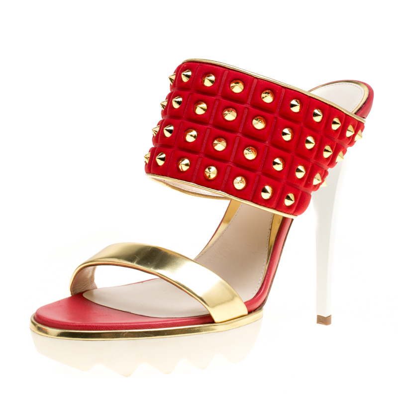 Loriblu Tricolor Knit Fabric and Leather Spike Studded Platform Slides Size 38