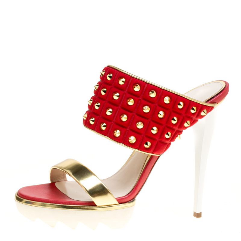 

Loriblu Tricolor Knit Fabric and Leather Spike Studded Platform Slides Size, Red