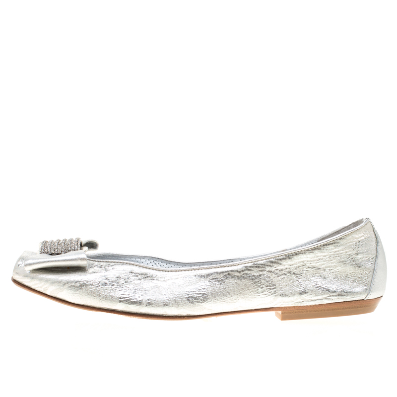 

Loriblu Bijoux Metallic Silver Leather Crystal Embellished Bow Square Toe Ballet Flats Size