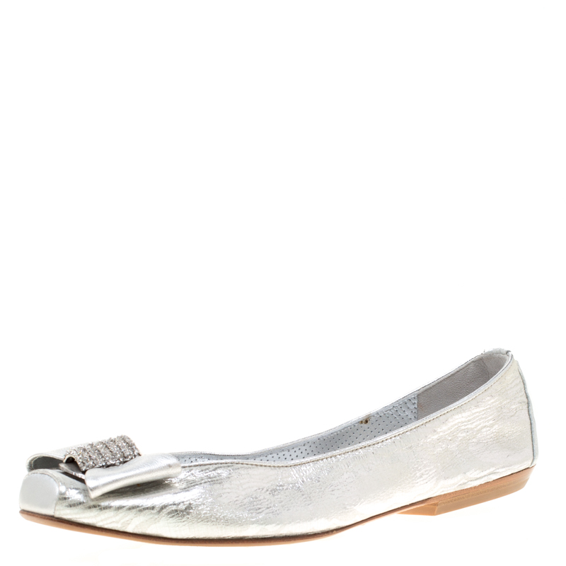 Pre Owned Loriblu Bijoux Metallic Silver Leather Crystal Embellished Bow Square Toe Ballet Flats Size 40