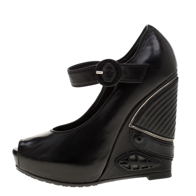 

Loriblu Black Leather Wedge Peep Toe Mary Jane Pumps Size