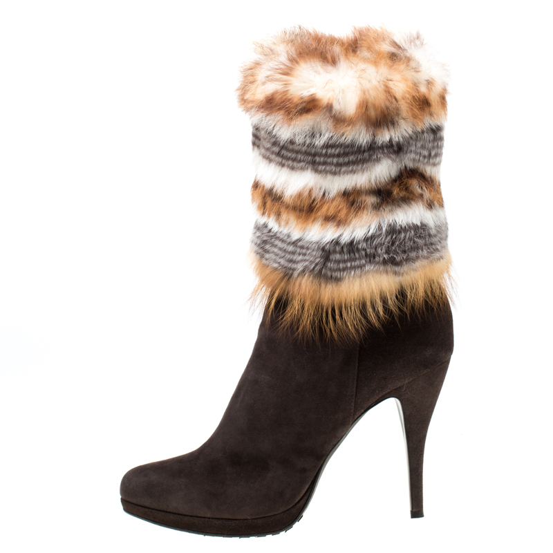 

Loriblu Brown Suede And Fur Pointed Toe Ankle Boots Size