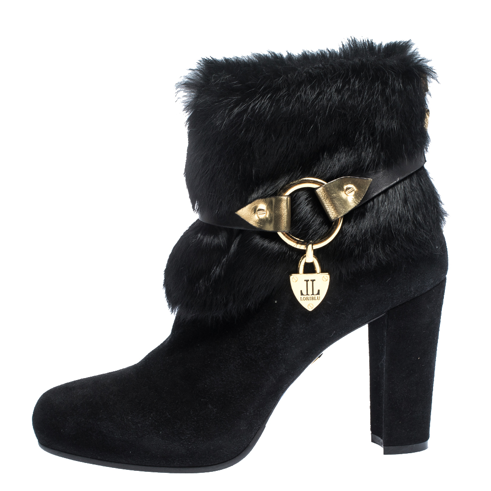 

Loriblu Black Suede And Fur Trim Pointed Toe Ankle Boots Size