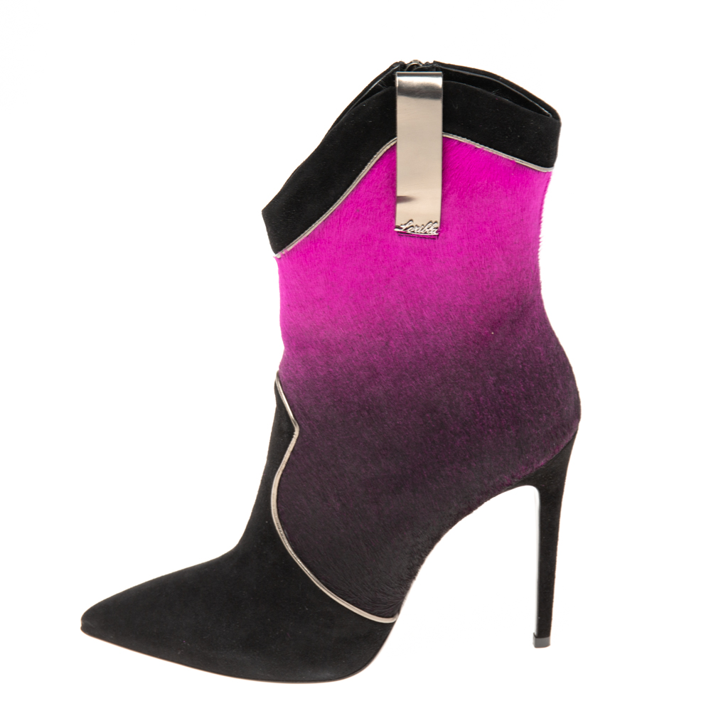 

Loriblu Black/Purple Suede And Calf Hair Mid Calf Boots Size