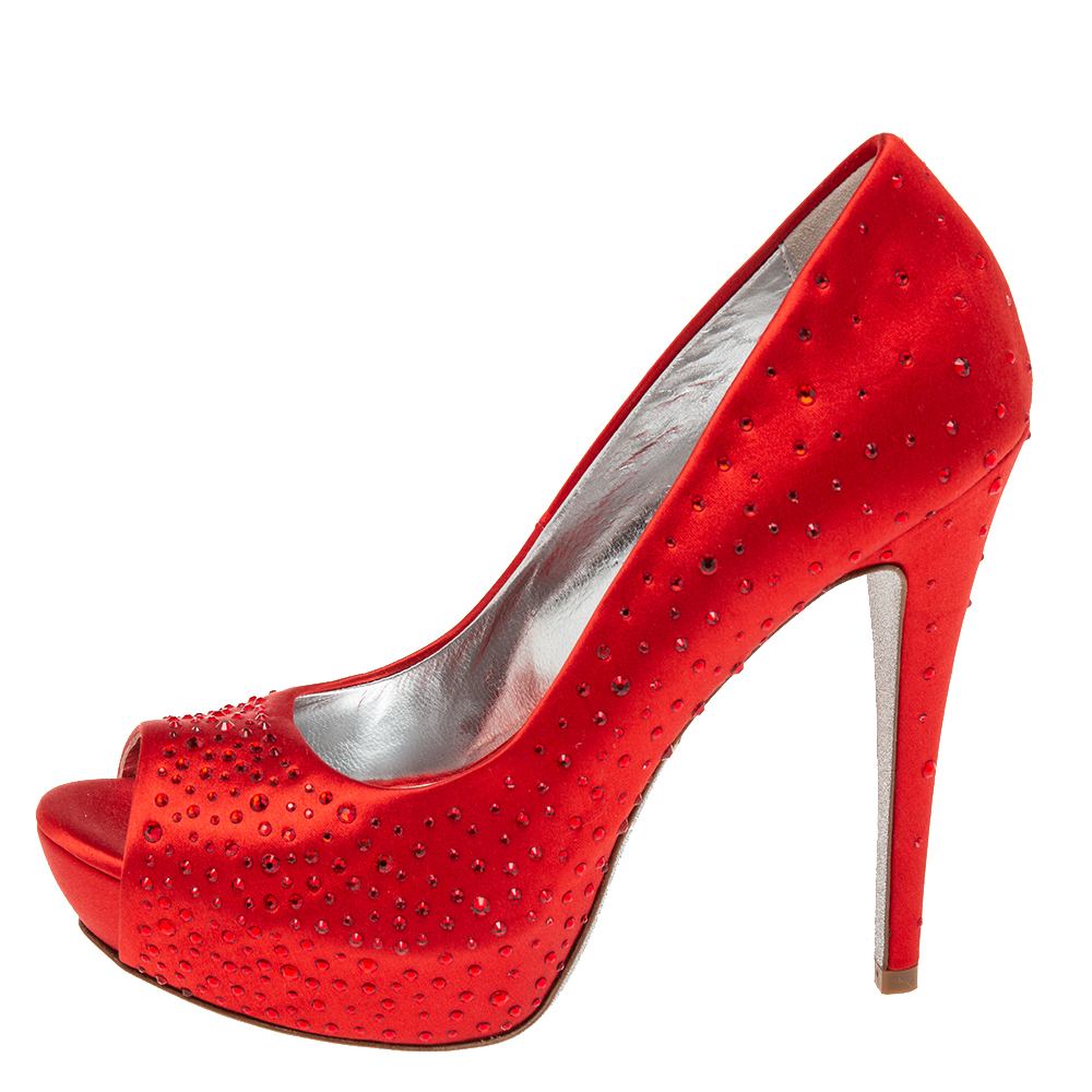 

Loriblu Red Satin Crystal Embellished Peep Toe Pumps Size