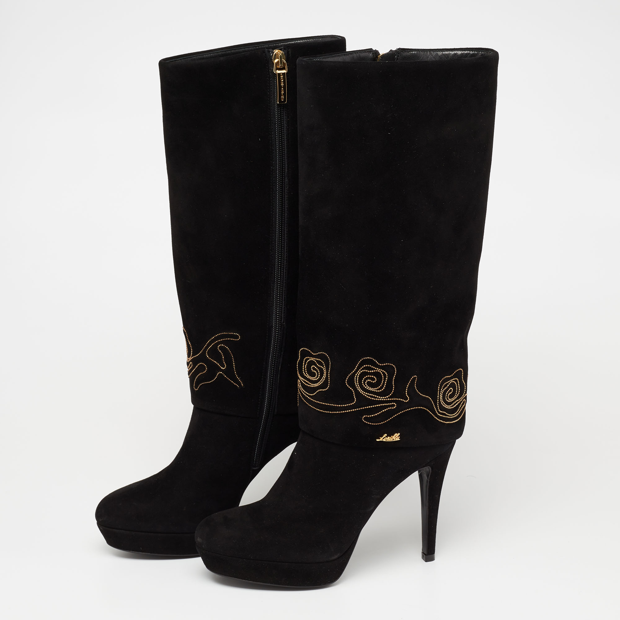 

Loriblu Black Suede Embroidered Platform Knee Length Boots Size