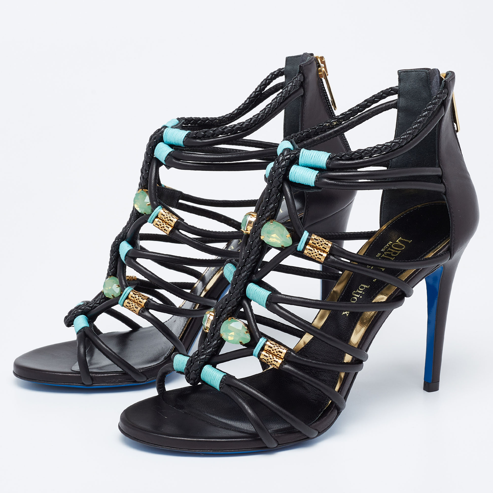 

Loriblu Black Leather Crystal Embellished Strappy Sandals Size