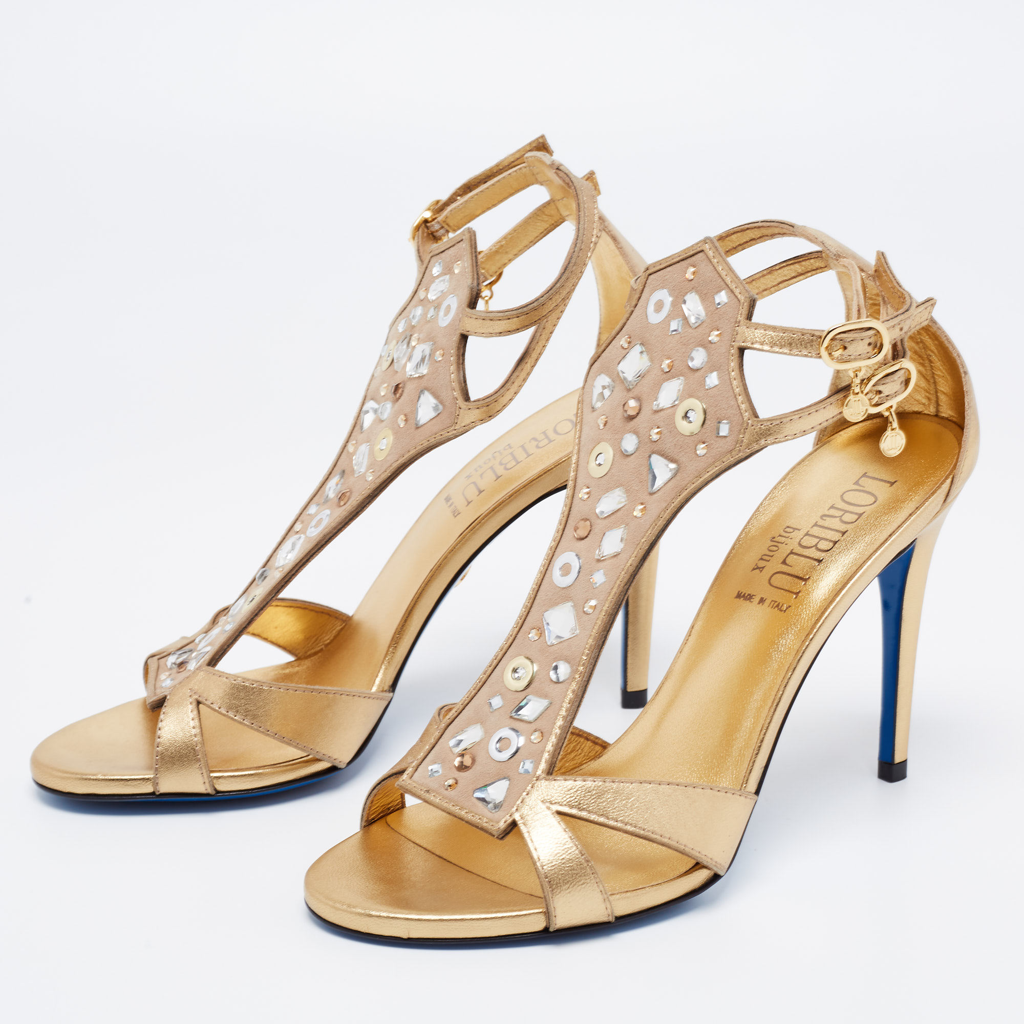 

Loriblue Gold Leather and Suede Crystal Embellished Ankle Strap Sandals Size
