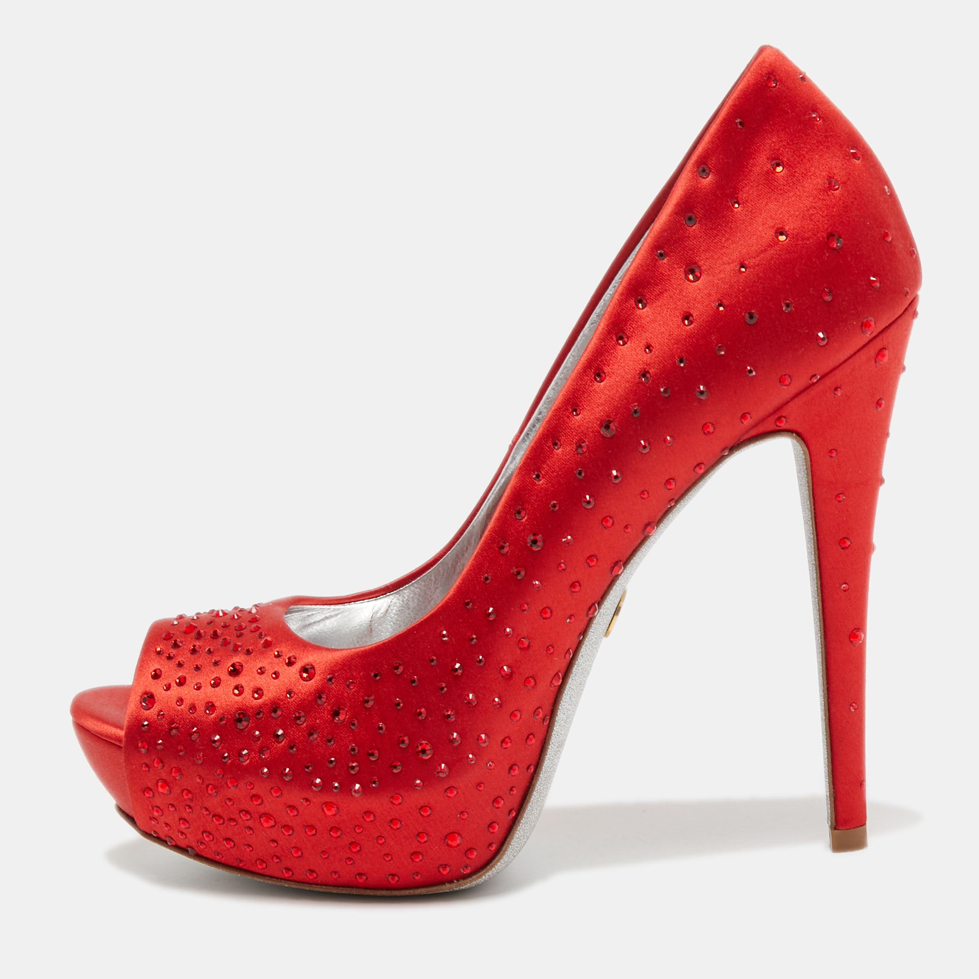 Pre-owned Loriblu Red Crystal Embellished Satin Peep Toe Pumps Size 38
