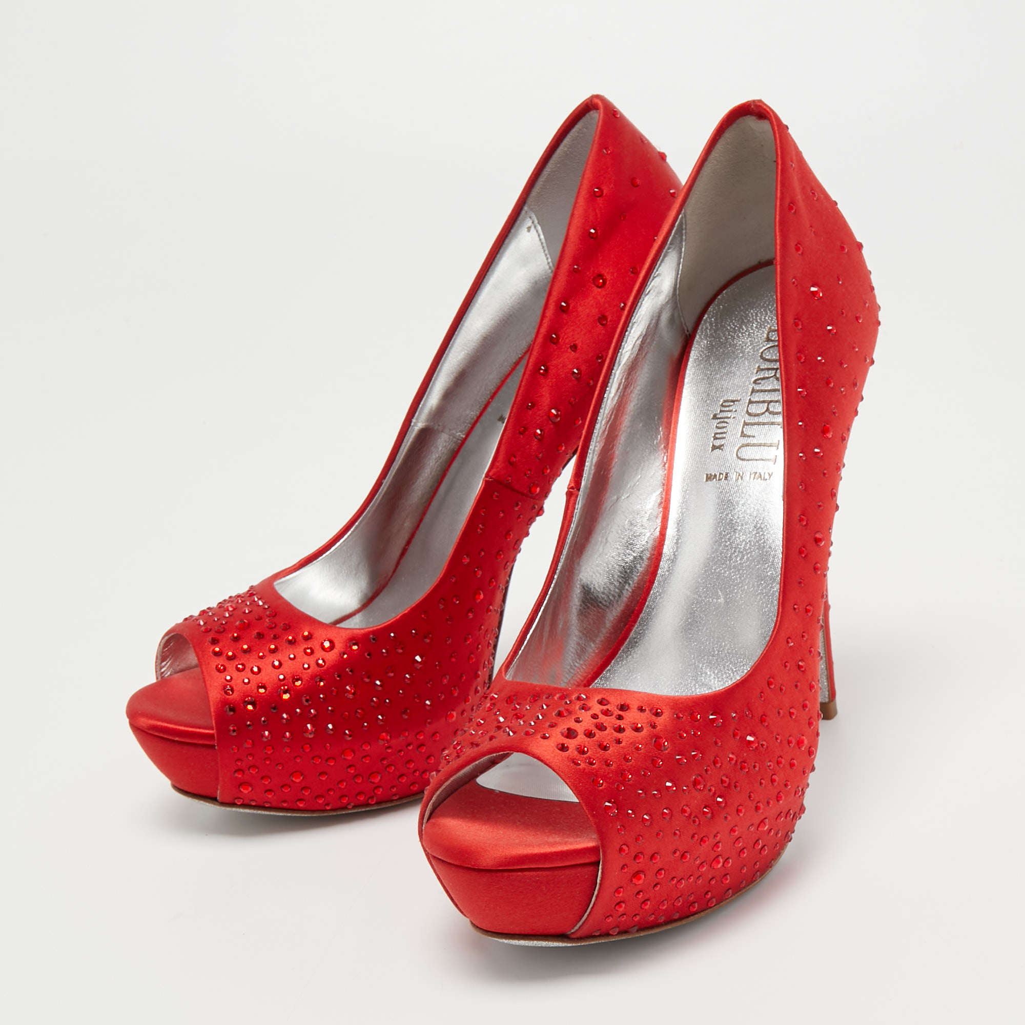 

Loriblu Red Crystal Embellished Satin Peep Toe Pumps Size
