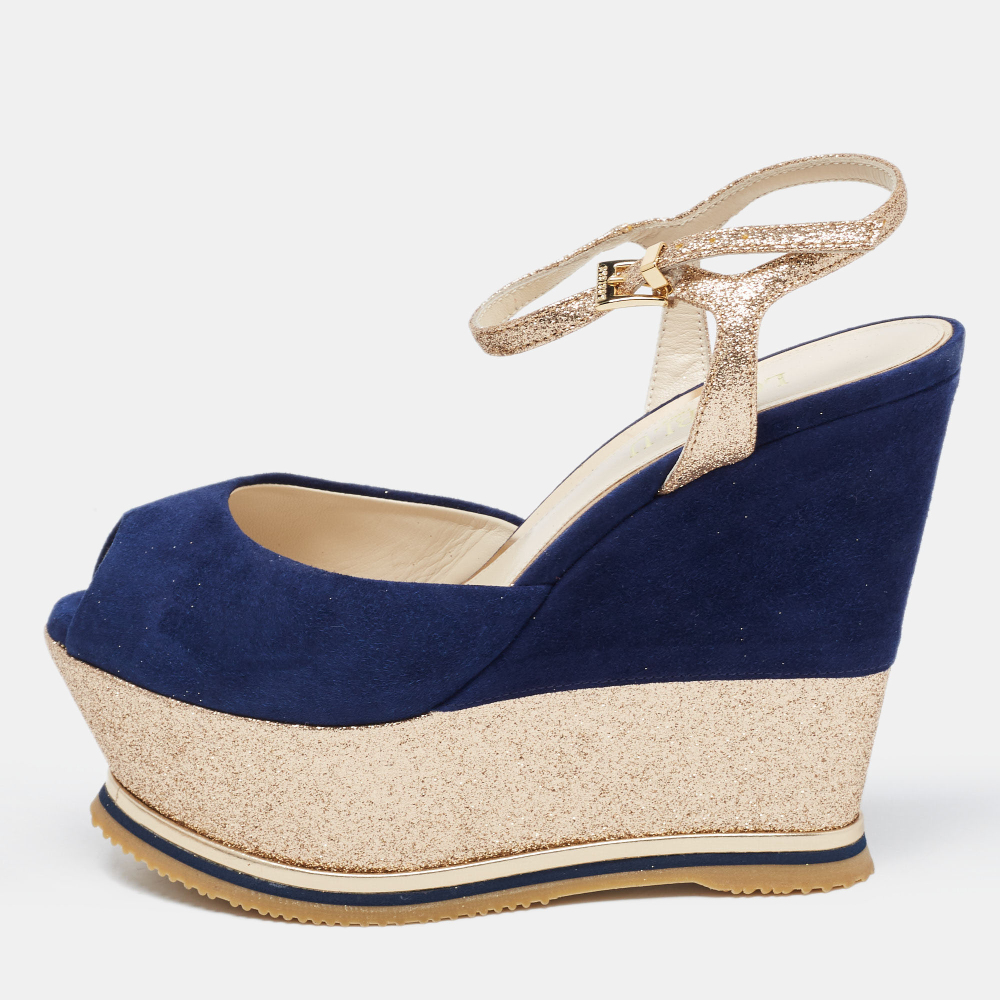 Pre-owned Loriblu Navy Blue /gold Suede And Glitter Wedge Platform Ankle Strap Sandals Size 37.5
