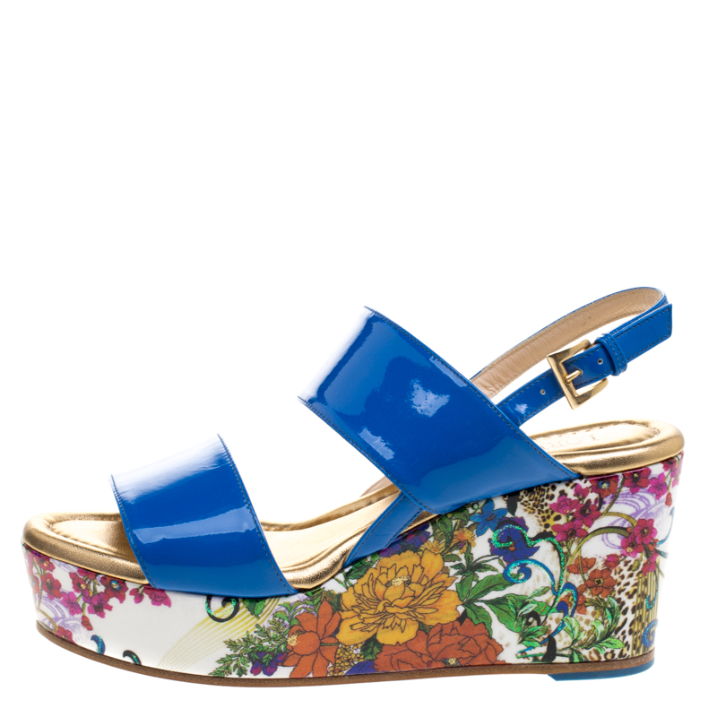 

Loriblu Blue Patent Leather Floral Printed Wedge Sandals Size