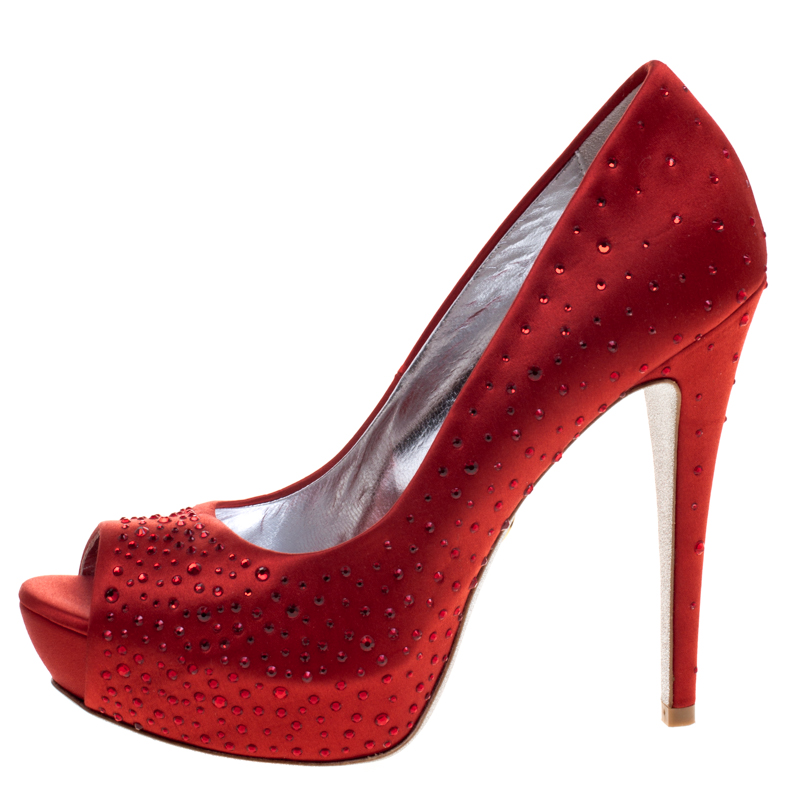 

Loriblu Red Crystal Studded Satin Peep Toe Pumps Size
