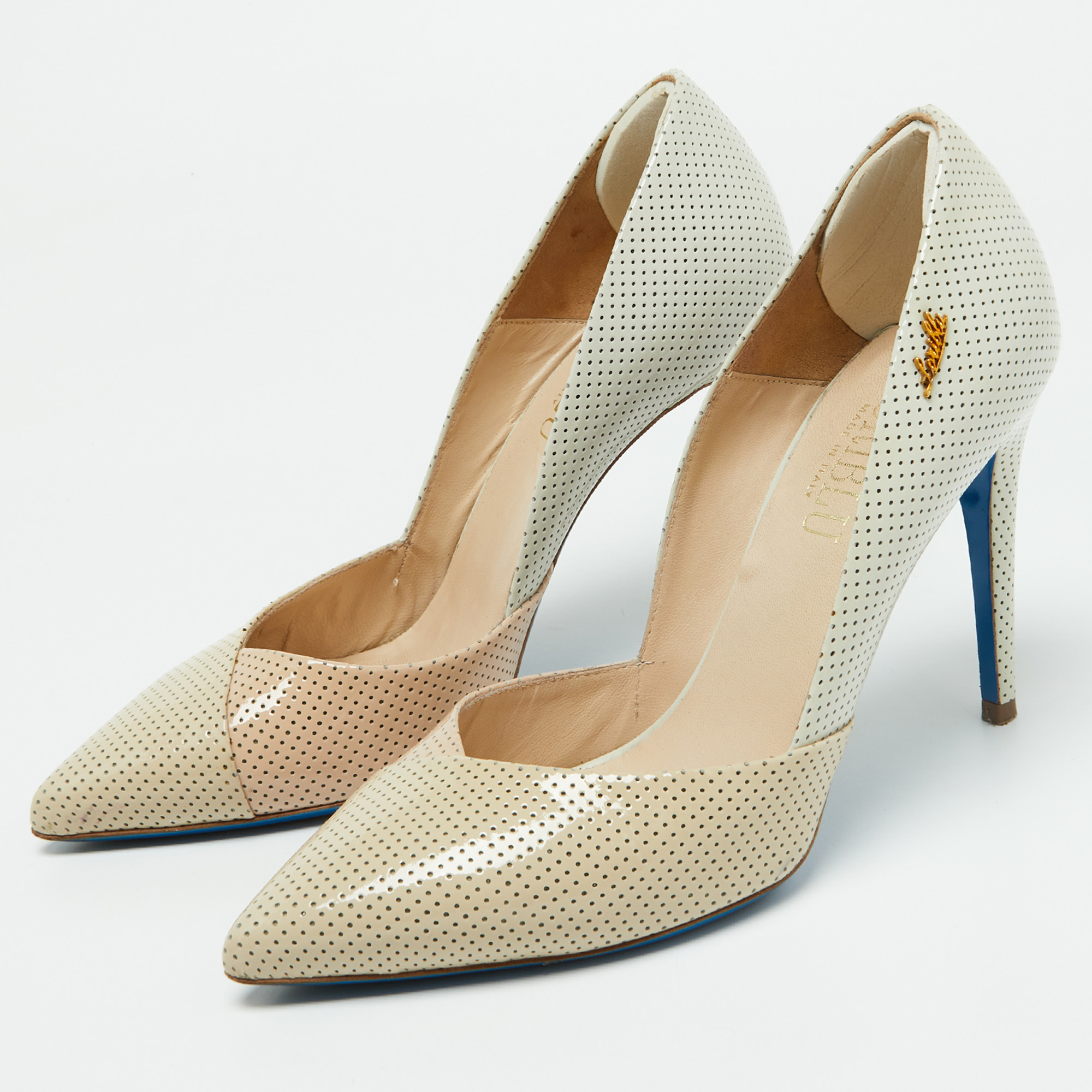Loriblu Tri Color Perforated Patent Leather Pointed Toe Pumps Size 39 